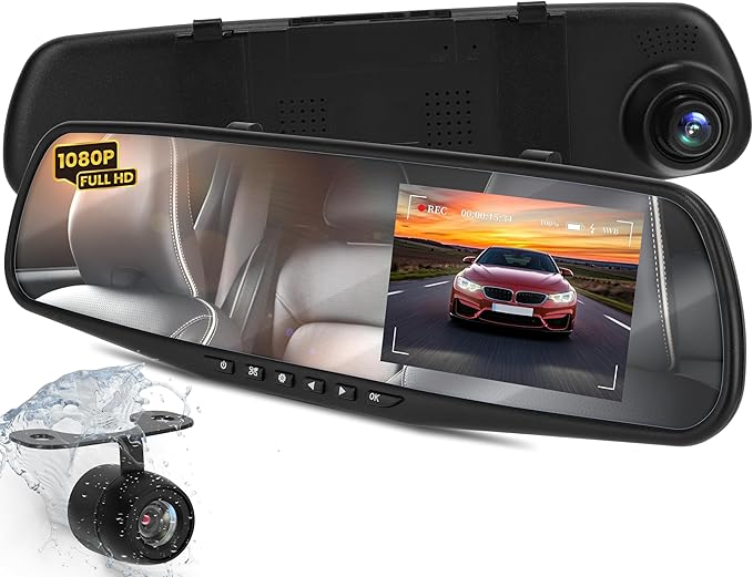Pyle Dash Cam Rearview Mirror - 4.3” DVR Monitor Rear View Dual Camera Video Recording System in Full HD 1080p w/Built in G-Sensor Motion Detect Parking Control Loop Record Support - PLCMDVR49