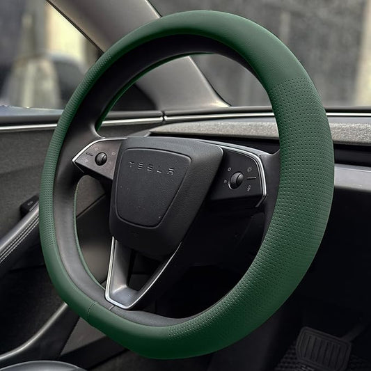 PINCTROT Nappa Leather Steering Wheel Cover for Tesla Model Y/3 Highland/Juniper, D Shaped 14 Inch Small Sized with Breathable Perforation, Fit Like Gloves, Flat Bottom 14 Inch(Nappa Green)