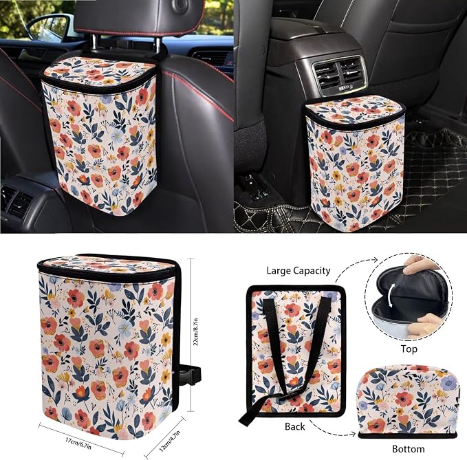 Flower Print Car Seat Cover Sets for Women Full Set, Universal Front and Rear Split Bench Seat Cover with Steering Wheel Cover Safety Belt Pads Garbage Bag Car Air Vent Organizer