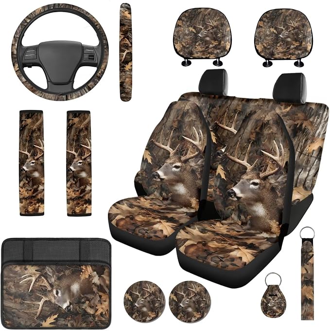 Bulopur Deer Hunting Camo Automotive Seat Covers Full Set with Matching Steering Wheel Cover Console Armrest Cushion Vehicle Seat Belt Pads Headrest Covers Car Interior Decor Set 14 Piece