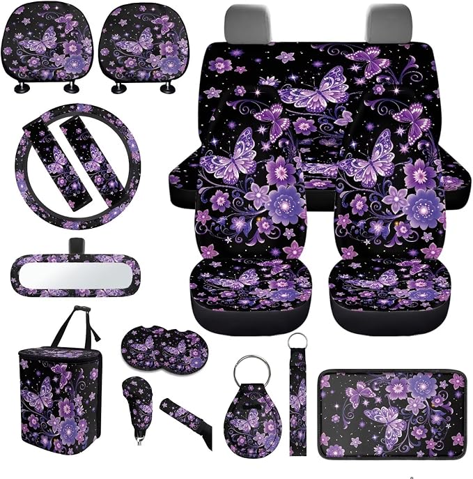 Purple Butterfly Car Seat Covers Full Sets of 18 Pcs Butterfly Flower Car Accessories Set Soft Car Seat Belt Pads Cover Car Headrest Covers Steering Wheel Wrap Coasters,Universal Fit