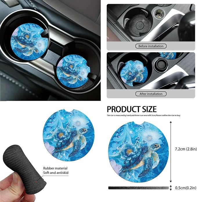 Turtle Floral Wave Print Universal Fit Car Seat Cover Set Steering Wheel Covers Seatbelt Strap Cover Garbage Cans Air Vent Storage Holder Rearview Mirror Covers Coasters Keychain 15 PCS