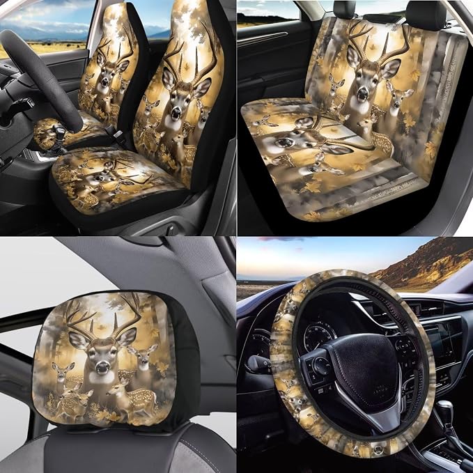 KEIAHUAN Car Seat Cover Full Set 11 Pieces Deer Hunting Camouflage with Stretchy Steering Wheel Cover,Headrest Cover,Gear Shift Knob Cover & Handbrake Cover,Coasters,Fit Most Van Sedan Truck SUV