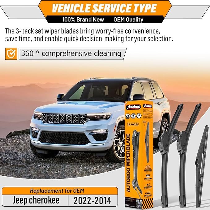 AUTOBOO 26"+18" Windshield Wipers with 14" Rear Wiper Blade Replacement for Jeep Cherokee 2022 2021 2020 2019 2018 2017 2016 2015 2014 - Original Factory Quality (Pack of 3)