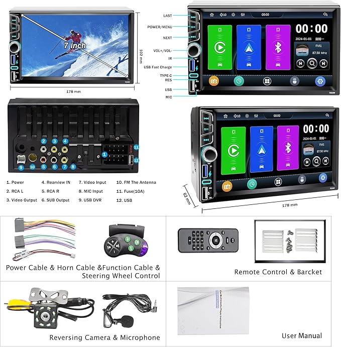 7" Double Din Car Stereo Compatible with Wireless Apple Carplay Android Auto|Bluetooth 5.2|180W Outputs|Subwoofer|FM|AM|USB|38W Fast Charge|Physical Knob|Backup Camera|Stereo for 7x4.02 2 DIN Size