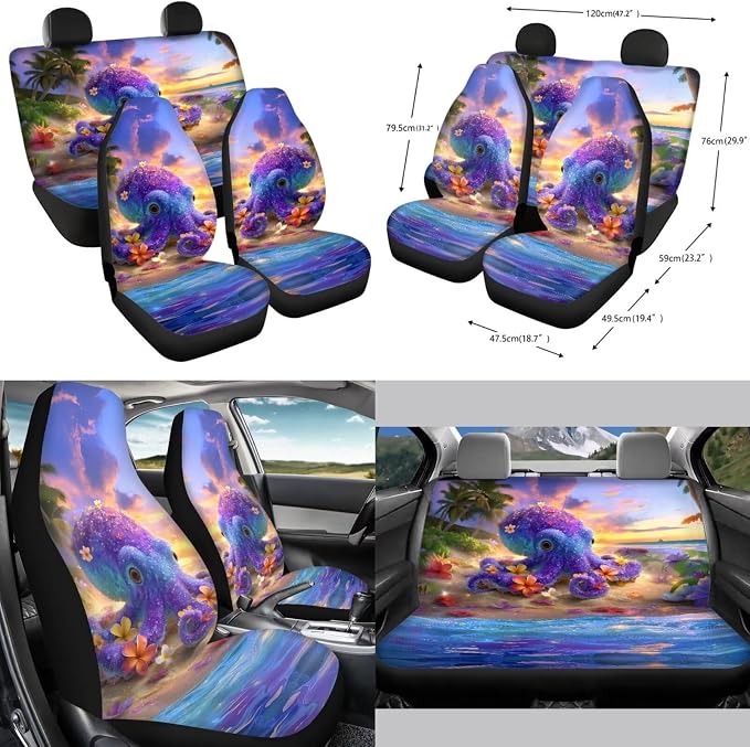 Forchrinse Hawaiian Octopus Car Seat Cover for Men Women 15Pack Auto Interior Set with Steering Wheel Cover/Armrest Cushion/Seatbelt Cover/Car Coaster/Keychain/Handbrake Gear Shift Cover