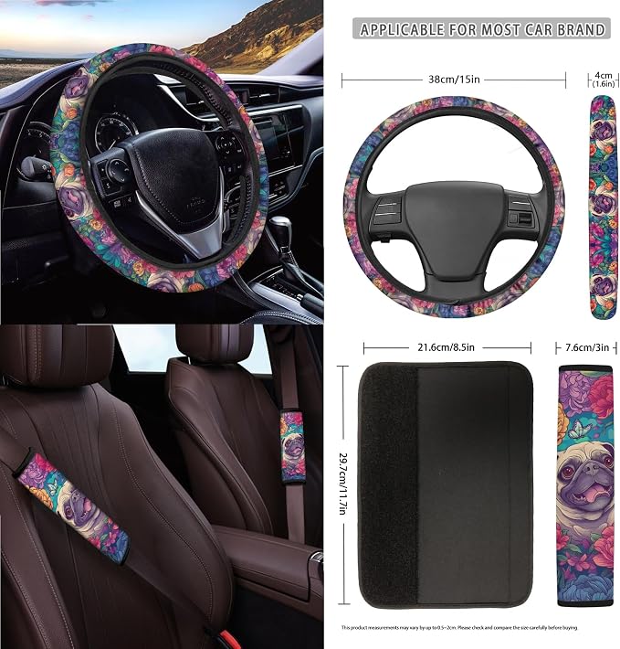 Pug Floral Print Car Accessories Full Set of 15 Car Seat Covers Steering Wheel Cover Air Vent Storage Holder Seatbelt Strap Pad Cup Coasters Rear View Mirror Cover Keychain