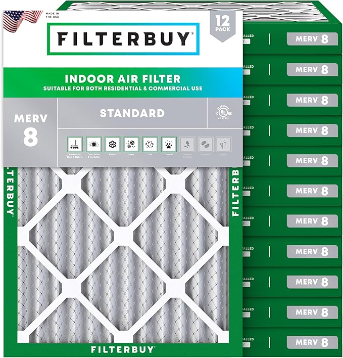 Filterbuy 24x28x2 Air Filter MERV 8 Essential Dust & Allergy Defense (12-Pack), Electrostatic Pleated HVAC AC Furnace Filters Replacement (Actual Size: 23.50 x 27.50 x 1.75)