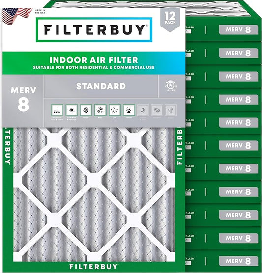 Filterbuy 24x28x2 Air Filter MERV 8 Essential Dust & Allergy Defense (12-Pack), Electrostatic Pleated HVAC AC Furnace Filters Replacement (Actual Size: 23.50 x 27.50 x 1.75)