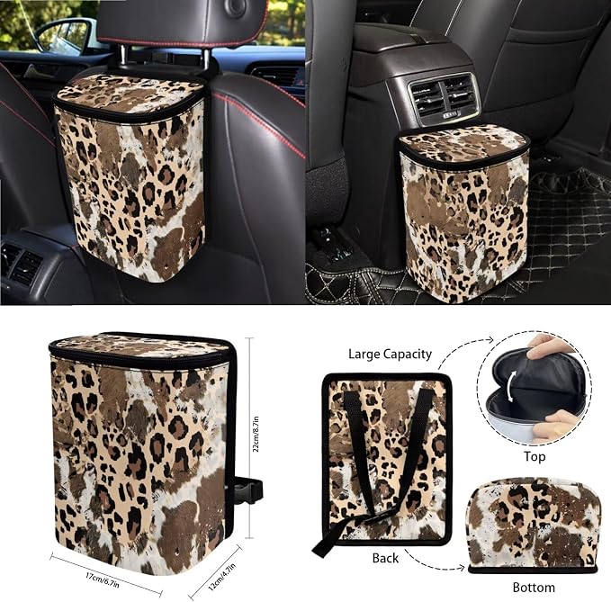 Brown Cow Leopard Pattern Car Seat Covers Full Set Steering Wheel Cover Trash Can Air Vent Storage Bag Seatbelt Covers Rearview Mirror Cover Cup Coasters 15pcs Car Interior