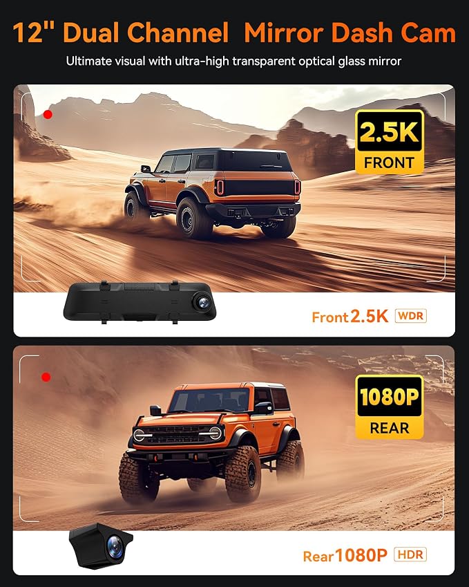 WOLFBOX G840H 12'' Mirror Dash Cam with ADAS and BSD, 2.5K Rear View Mirror Camera Front and Rear, 5.8GHz WiFi, Voice Control, Parking Monitor, Included GPS, Loop Recording (SD Card Not Included)