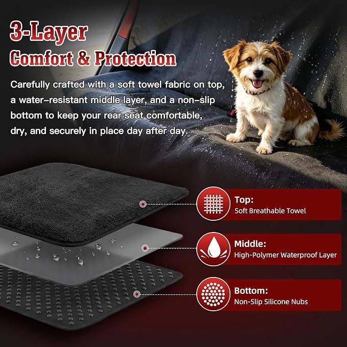 Car Seat Cover Towel, Waterproof Sweat Absorbent Back Seat Protector for Sedans SUVs & Minivans, Non-Slip Machine Washable Rear Bench Cover for Post-Gym, Beach, Pets & Kids (Black)