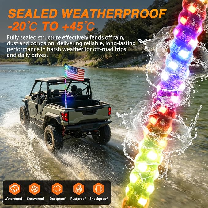 Nilight LED Whip Light 1PC 5FT Spiral RGB Antenna Whips with Spring Base, App/Remote Control DIY Chasing Patterns Brake & Reverse Lights for Side by Side ATV UTV RZR Can-Am Buggy Jeep