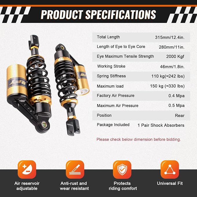 11inch 280mm Motorcycle Air Shock Absorbers for HONDA for Suzuki for Yamaha for Kawasaki ATV Go Kart Quad Dirt Sport Bikes Black & Gold Eye To Clevis