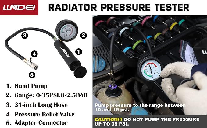 LLNDEI Coolant Radiator Pressure Tester Kit 28PCS Radiator Pressure Tester Pneumatic Vacuum Cooling System Purge Refill Leak/Refiller Set, Universal Automotive Domestic/Import Vehicles, Motorcycle
