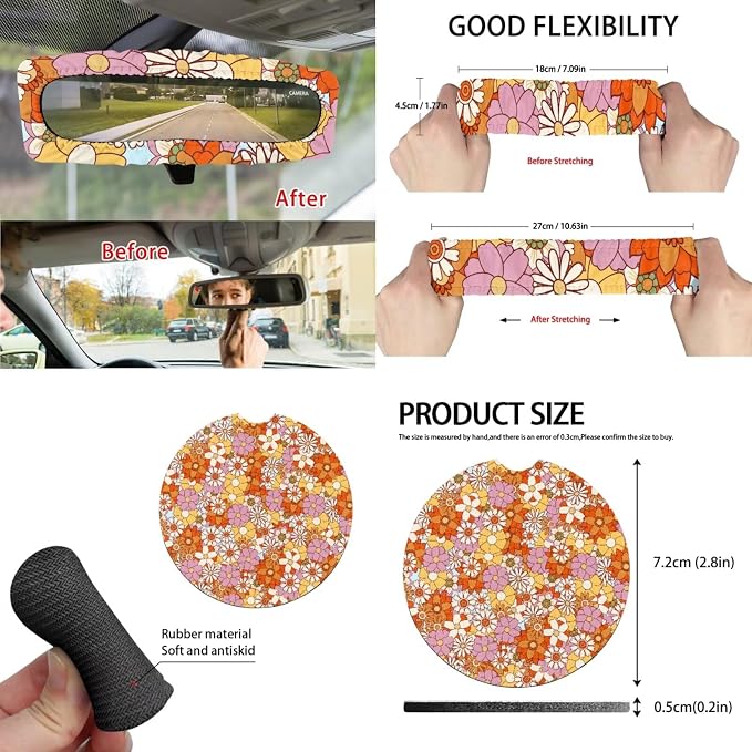 Hippie Flower Car Seat Covers Front Back Seat Cover Full Set with Car Steering Wheel Cover Safe Belt Pads Coasters Garbage Can Rear View Mirror Cover Keychain, 15 PCS