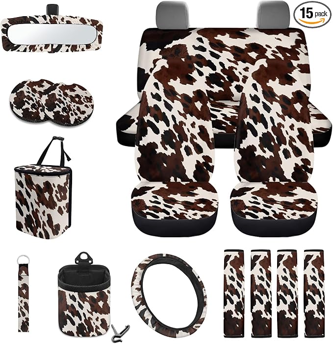 Cow Spot Print 15 Pack Car Accessories Set Car Seat Covers Steering Wheel Cover Seat Belt Strap Pad Rearview Mirror Cover Garbage Cans Air Vent Storage Bag Cup Holder Key Chain