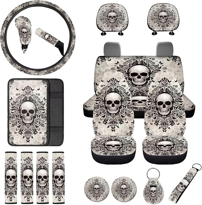 Gothic Skull Print Full Set Car Seat Covers with Steering Wheel Cover Safety Belt Pads Armrest Cushion Headrest Protectors Gear Shift Knob + Handbrake Covers etc, Universal Fits