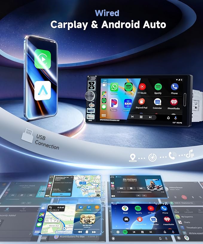 Single Din Car Stereo with A-pple Carplay Android Auto, 6.9" IPS Touch Screen Car Radio 1 Din with Rear View Camera，Head Unit Support Mirror Link Bluetooth FM USB EQ SWC
