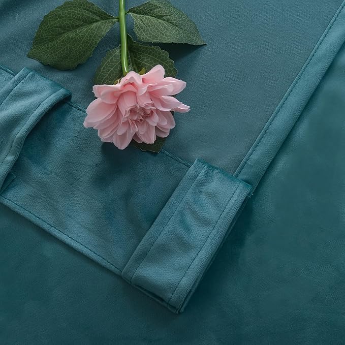 Roslynwood Luxury Soft Teal Blue Velvet Curtains 72 inches Long Back Tab Thermal Insulated Blackout Window Drapes for Living Room/Bedroom/Dining Room, W52 x L72, 2 Panels