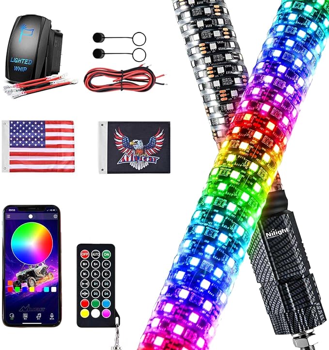 Nilight LED Fat Whip Light 1PC 3FT RGB Lighted Antenna Whips with Remote & App Control DIY Chasing Patterns Brake Reverse Lights for ATV UTV Polaris RZR Can-am Dune Buggy Pickup Trucks Jeep