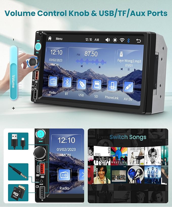 Double Din Car Stereo with Wireless CarPlay/Android Auto, 7 Inch IPS Touch Screen Radio, Bluetooth 5.2, FM Radio,Double Din Head Unit with Online Video EQ USB/Type-C/TF Card/Aux Ports Backup Camera