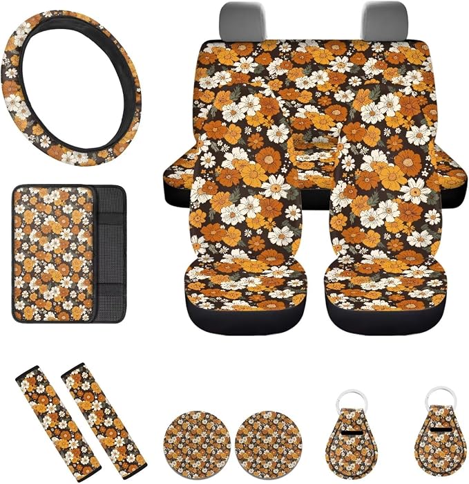 Retro Hippie Flower Seat Covers for Car 12pcs Daisy Sunflower Car Steering Wheel Cover Seatbelt Pads Armrest Pads Floral Coaster Keychain for Most Vehicle Interior Set Decorative
