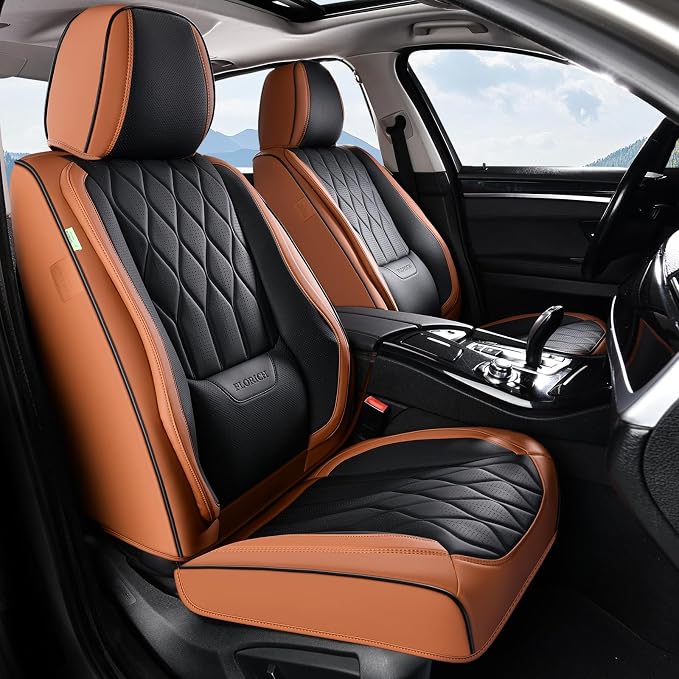 FLORICH Car Seat Covers Full Set Automotive Seat Covers with Lumbar Support Premium Nappa Leather Waterproof Seat Covers for Car 5 Seats Universal Fit for Most Car Truck SUV, Brown&Black