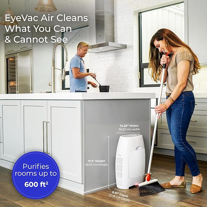 EyeVac Air 2-in-1 HEPA Air Purifier & Touchless Vacuum Automatic Dustpan - Ultra Fast & Powerful - Covers 600 Sq ft - Corded Canister Vacuum, Bagless, Automatic Sensors, 1000 Watt (White/White)