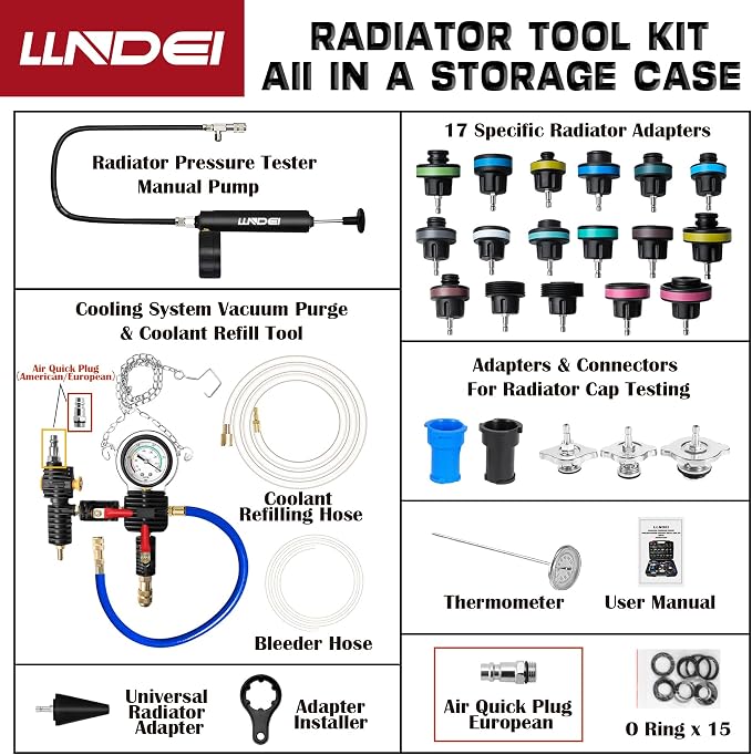 LLNDEI Coolant Radiator Pressure Tester Kit 28PCS Radiator Pressure Tester Pneumatic Vacuum Cooling System Purge Refill Leak/Refiller Set, Universal Automotive Domestic/Import Vehicles, Motorcycle