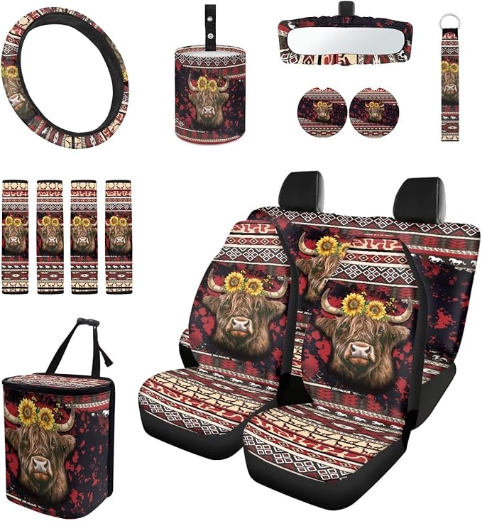 Aztec Car Seat Covers Set of 15 with Universal Steering Wheel Cover, Rearview Mirror Cover, Car Trash Can, Seatbelt Pads, Cup Holder Coasters, Keychains