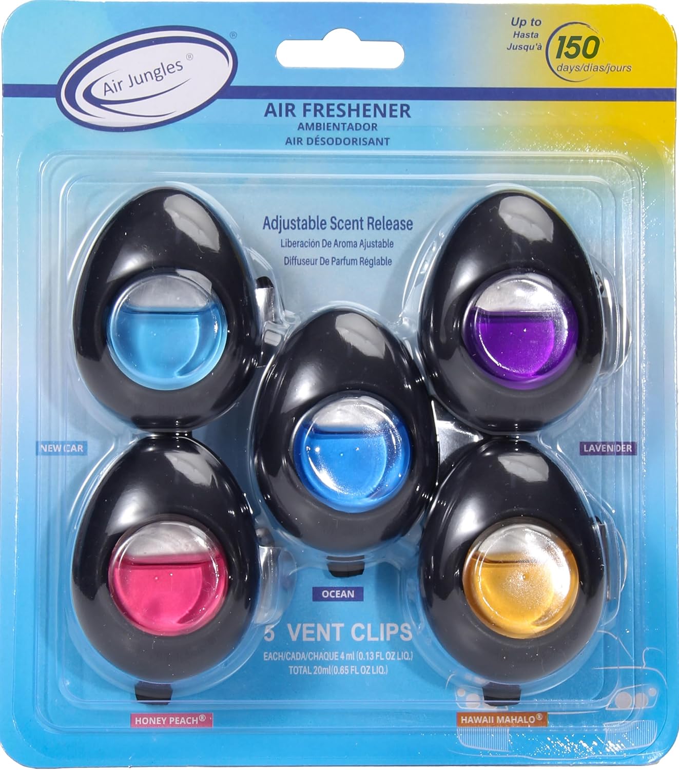 Air Jungles Car Air Freshener Vent Clip 5 Count, Variety Pack – New Car, Ocean, Lavender, Honey Peach, Hawaii Mahalo, 4 ml Each, Long-Lasting Odor Eliminator, Up to 150 Days Freshness for Auto