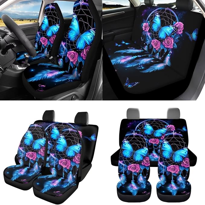 Dream Catcher 8 Pcs Butterfly Rose Car Seat Covers Full Set Car Accessories for Women Front Seat Cover Steering Wheel Armrest Cover Seat Belt Cover for Auto SUV Interior Decoration