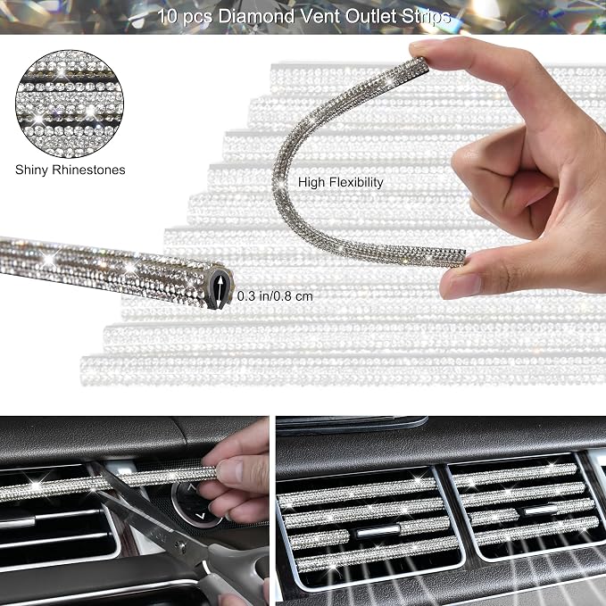 CAR PASS 30 PCS Bling Car Accessories Set for Women, Bling Steering Wheel Covers 15 Inch, Shining Rhinestone License Plate Frame, Sparkly Diamond Phone Holder, Car Mats Full Set, Silver