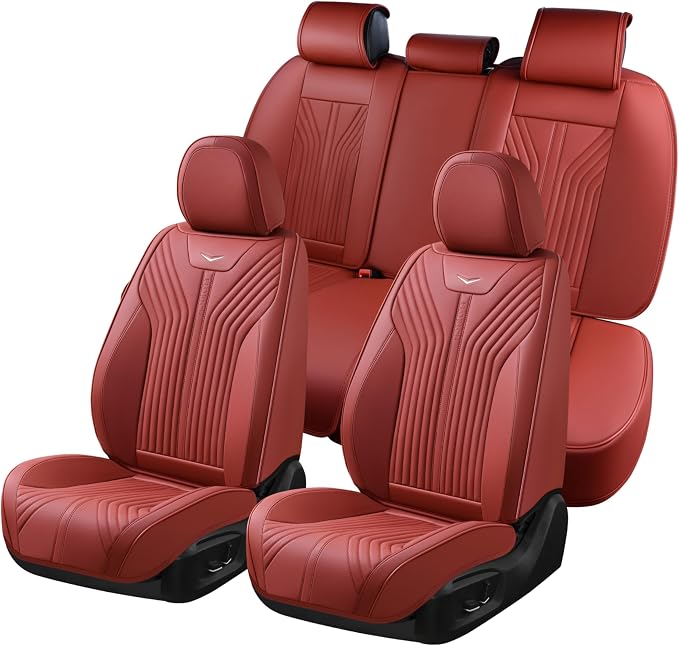 FLORICH Automotive Seat Cover Leather Seat Covers Full Set Front Seat Cover and Back Seat Cover 5 Seats Waterproof Car Seat Cushion Universal Fit for Most Cars Trucks SUV, Red