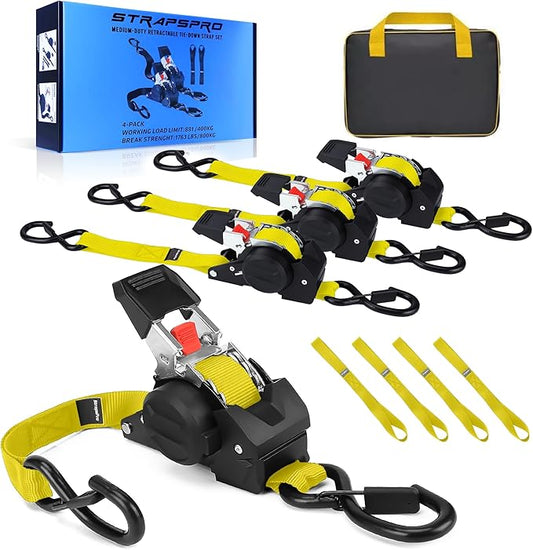 Retractable Ratchet Straps, 1763lb Break Strength Yellow Self Retracting Ratchet Straps Heavy Duty with Soft Loops, 1'' x 10FT Auto Tie Down Straps Easy Retract for Motorcycle, Truck, Cargo, 4 Pack