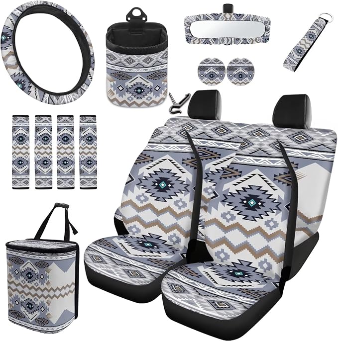 Dreaweet Tribal Navajo Car Seat Covers Full Set Grey Native American Steering Wheel Cover Seat Belt Pads Trash Bag Air Vent Storage Pouch Rea rview Mirror Cover Coaster Keychain,15 Pcs,Universal Fit
