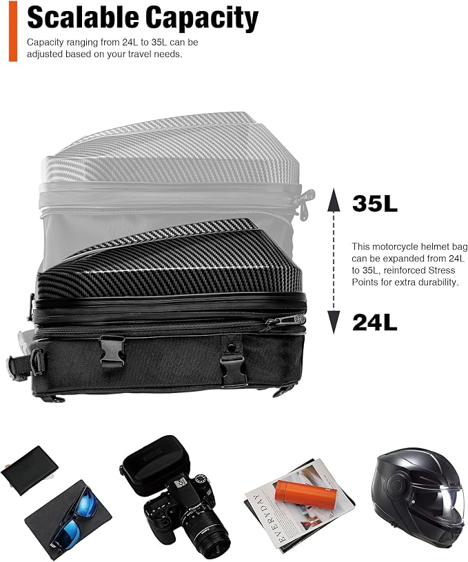 Grapelet Motorcycle Tail Bag Backpack Waterproof ABS Hard Shell Motorbike Luggage Bags Helmet Bags with Expandable Storage 24L-35L