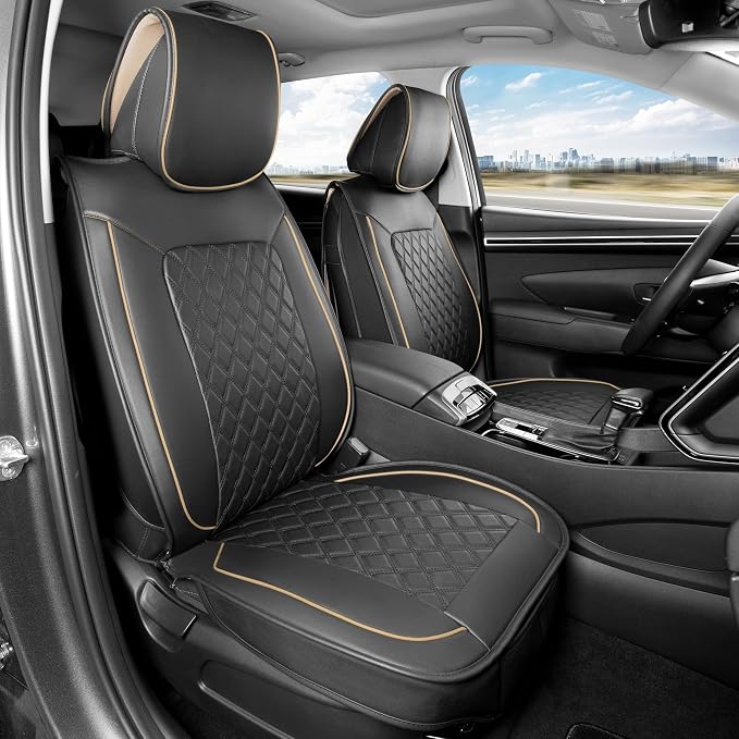 MotorBox Prestige Edition Napa Leather Seat Covers for Cars, Open Sides Front Seat Covers, Premium PU Leatherette Black & Beige Car Seat Covers for Cars Trucks SUVs, Front Seats Only