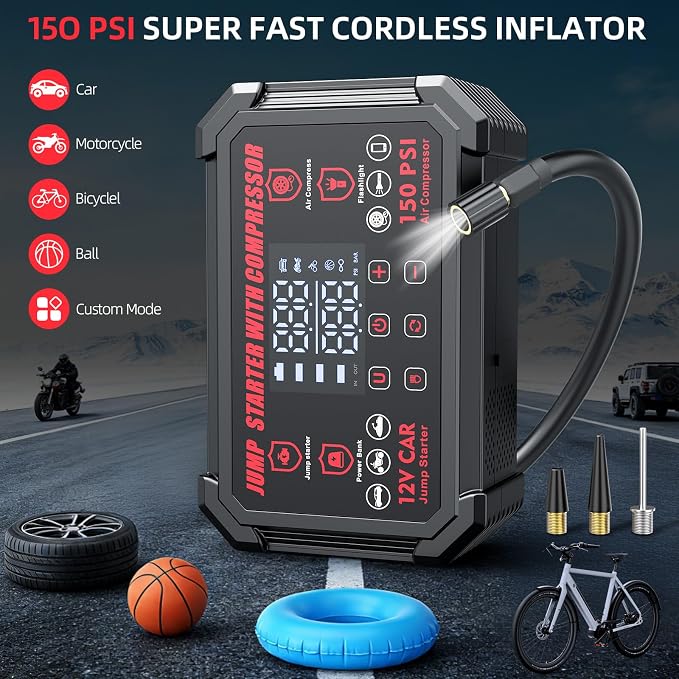 Jump Starter with Air Compressor, 4000A Peak Portable Car Battery Jumper Starter with 150PSI Auto-Shutoff Tire Inflator, 12V Car Jump Box with LED Light&LED Display All Gas /10L Diesel,Motorcycle