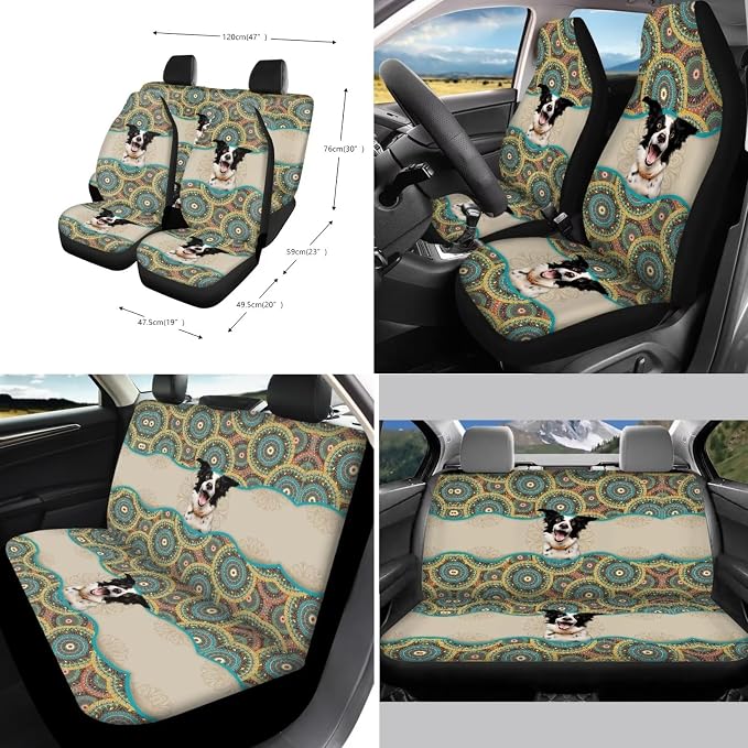 Suobstales Boho Mandala Print Car Seat Covers Full Set for Women Girly Border Collie Design Seat Cover Protector Auto Decorative with Steering Wheel Cover +Seat Belt Covers +Coasters +Keychains