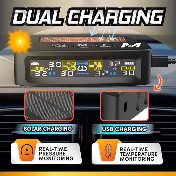 Marcala 2026 V2.0 Trailer Tire Pressure Monitoring System Set of 6 | 32-Foot Extended Range RV TPMS | 0-144 PSI for RV/Camper/Towing | Solar Charge & 6-Alarm Trailer TPMS | Prevent Flats & be Safer!