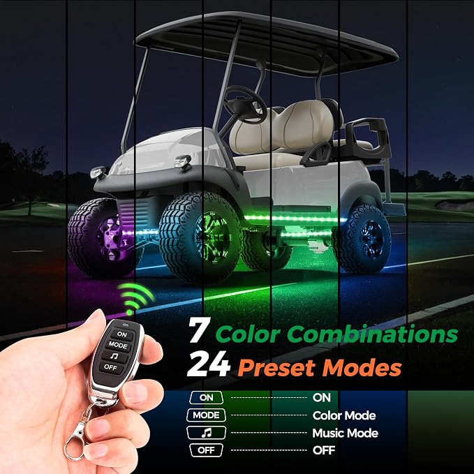 10L0L Golf Cart Underglow LED Light Strip Kit,Neon Underbody Lights,24 Modes,Wireless Remote,Sound-Active,Water-Resistant,and 4 Flexible Tubes Included