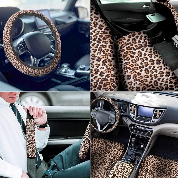 23 PCS Leapord Print Car Assecories, Include Seat Cover Leopard Steering Wheel Cover, Central Control Armrest Pad, Car Coasters and Keychain Holder, Headrest Covers, Ventilation Hole Decor