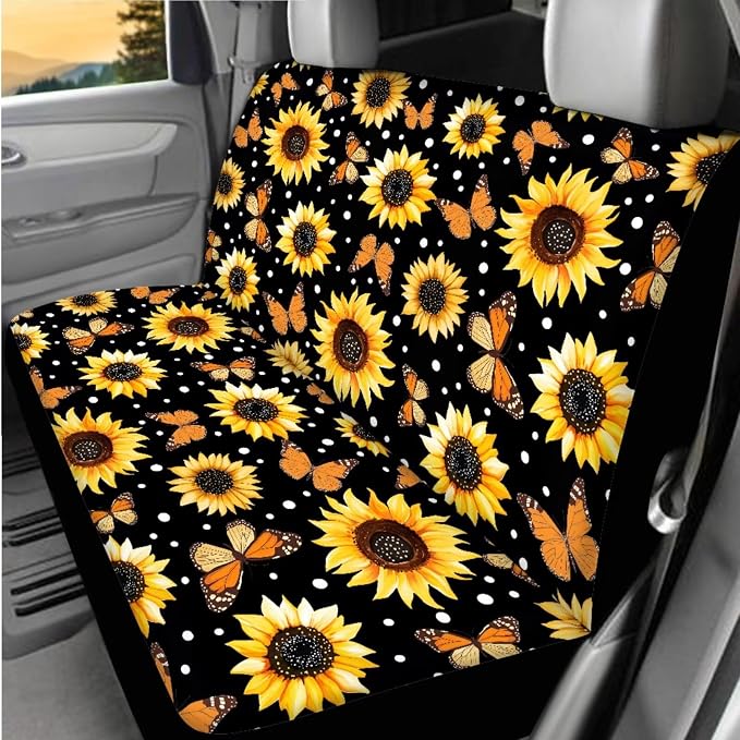 BIGCARJOB 12 Pcs Car Seat Covers Full Set Sunflower Print Cars Interior Accessories Auto Seat Protector Set Butterfly Print Armrest Cushion,Seat Belt Pads,Steering Wheel Covers