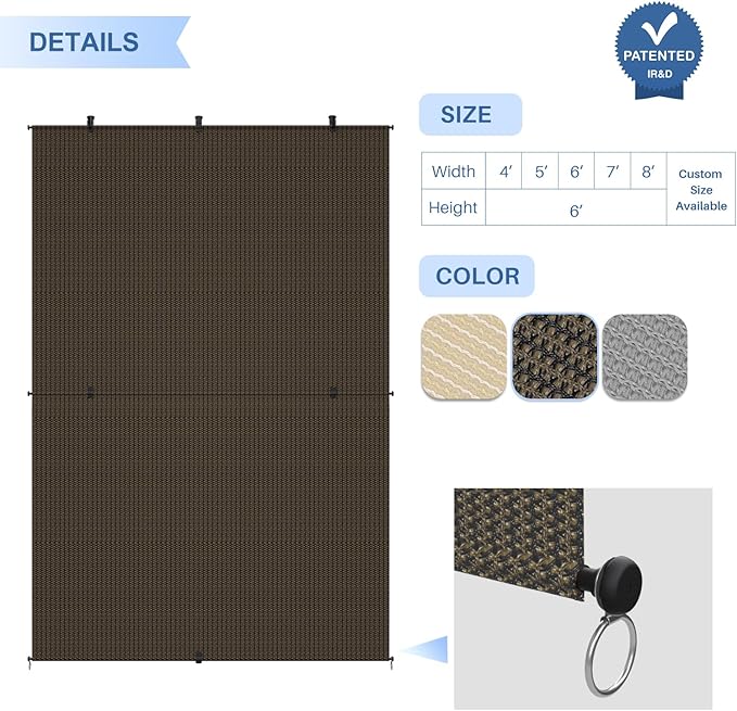 E&K Sunrise 6'W x 5.5'H Outdoor Roller Shades Patio Cordless Roll Up Blinds Foldable Sun Shade UV Block Exterior Sun Screen for Outside Porch Backyard Deck Pergola (Brown)