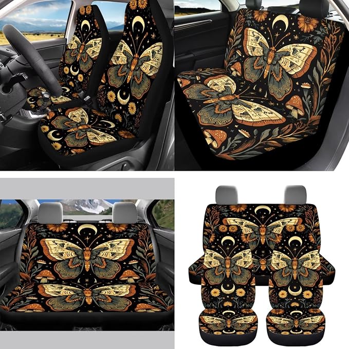 Goth Moon Moth 15Pcs Car Seat Cover Full Set Car Steering Wheel Cover Seat Belt Cover Trash Bin Front Rear View Mirror Car Cup Holder Keychain