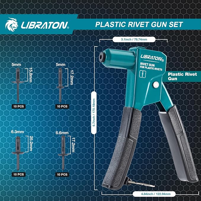 LIBRATON Plastic Rivet Gun Kit with Fastener Remover, 90 Degree Angle Hand Riveter with 40Pcs Nylon Rivets (4 Sizes) & Pry Tool, Universal Nosepiece for Automotive, Ergonomic & 50% Lighter Force