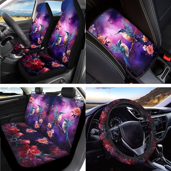 Hummingbird Rose Printed Auto Seat Protectors 15 Pieces Car Front Rear Seat Covers with Steering Wheel Cover Seat Belt Cover Car Inside Rearview Mirror Cover for Women Men Post Gym