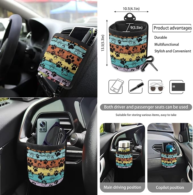 Paws Wood Print Car Accessories Set of 15 Car Front Back Seat Covers Steering Wheel Cover Seatbelt Strap Pad Air Vent Storage Holder Trash Cans Rearview Mirror Cover Coasters Keychain